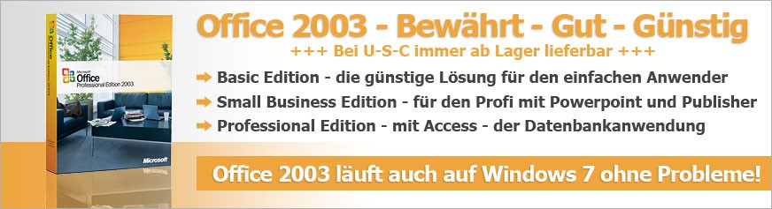 Office 2003 - Bewährt - Gut - Günstig +++ Bei U-S-C immer ab Lager lieferbar +++ Basic Edition - die günstige Lösung für den einfachen Anwender - Small Business Edition - für den Profi mit Powerpoint und Publisher - Professional Edition - mit Access - der Datenbankanwendung - Office 2003 läuft auch auf Windows 7 ohne Probleme!